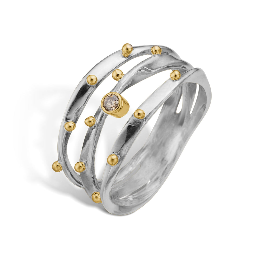 By Birdie - Lotus Trio sølv ring med 14kt guld og diamant - 50110388a