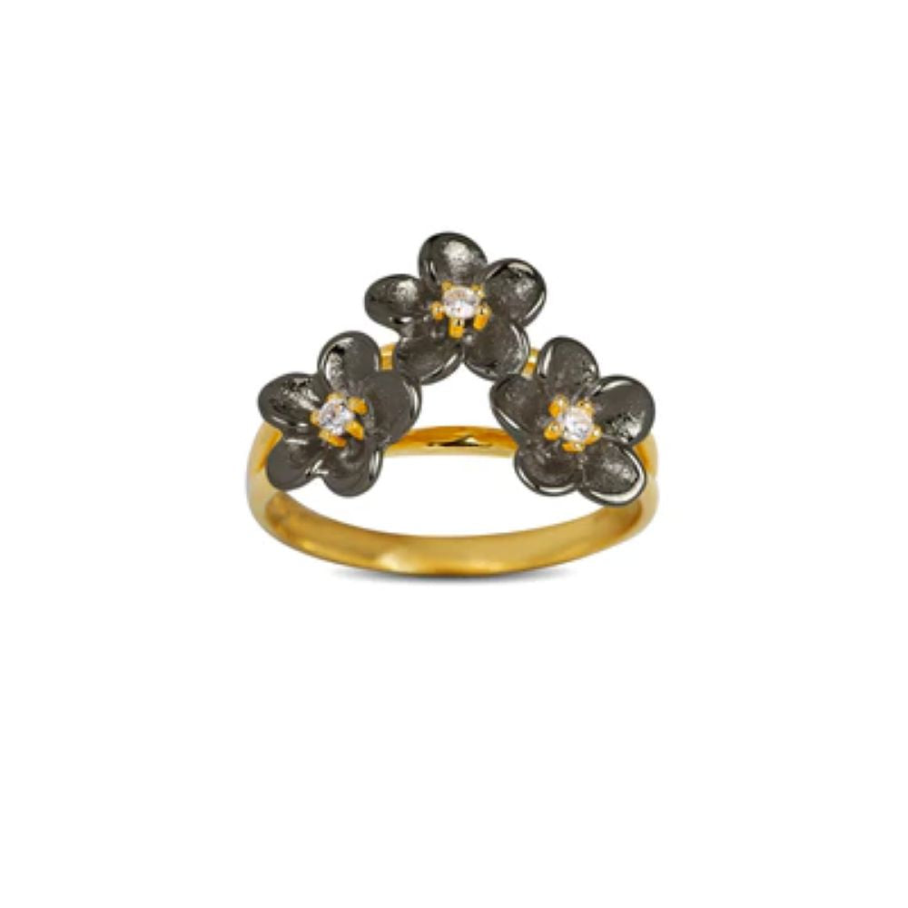 Blossom - Forgyldt sølv ring med sorte blomste - 25621697