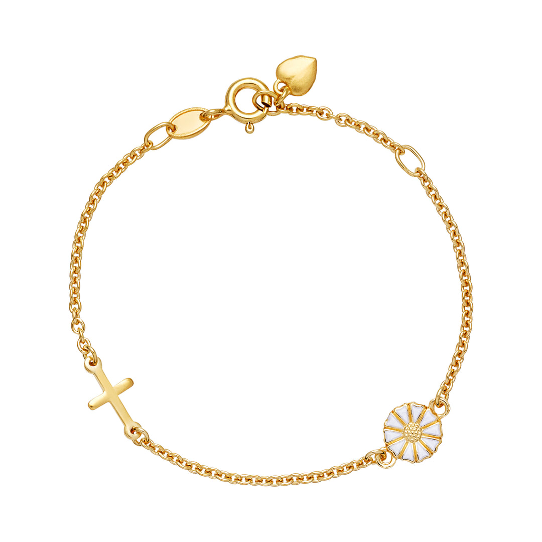 Aembånd med kors og marguerit fra Lund Copenhagen. Armbåndet kunne være en god barnedåbsgave.