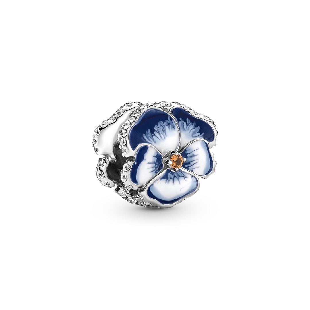 Pandora Charm med stedmoderblomst i blå.