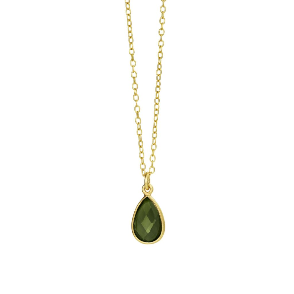 SFB - Forgyldt halskæde med dråbeformet olivengrøn krystal, 8x12mm - 1409-2-231