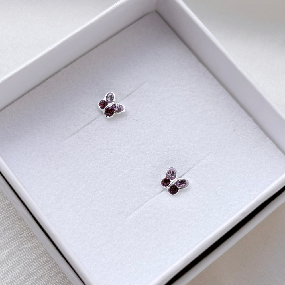 Scrouples - Girls sommerfugle øreringe i sølv med lilla zirkonia - 164962