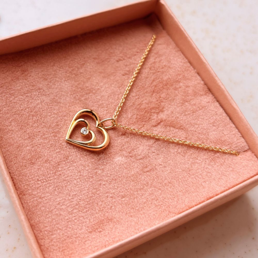 Scrouples - Guld hjerte 8kt med diamant 0,02ct og forgyldt kæde - 215853