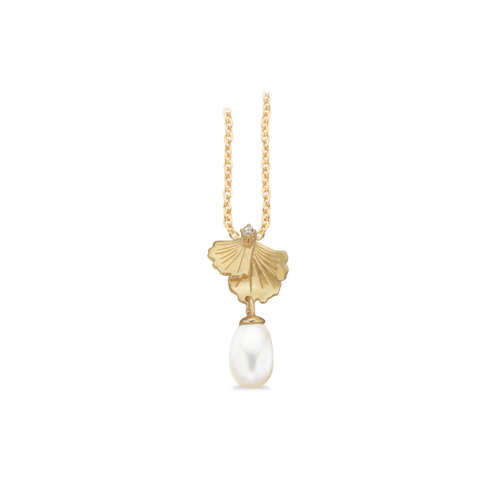 Scrouples - 8 kt. blomstervedhæng med perle, zirkonia og kæde - 216773