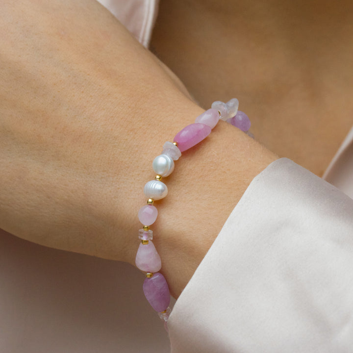 Blossom - Sten armbånd med rosakvarts, ametyst og perler - 39131062-19