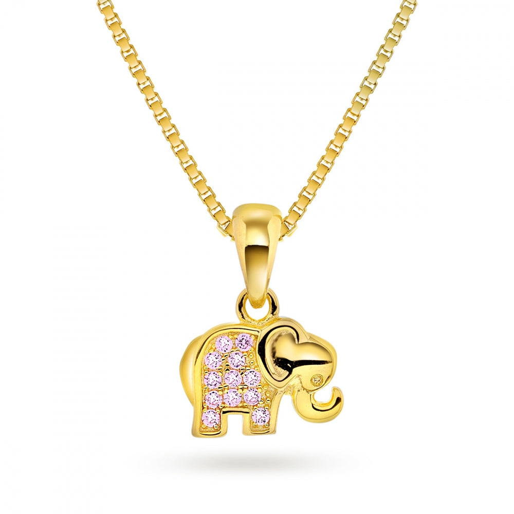 Pia&Per - Forgyldt sølv halskæde med elefant og rosa sten - 65070