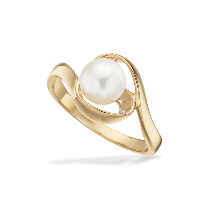 Scrouples - 8 kt. organisk guld ring med hvid ferskvandsperle - 716053