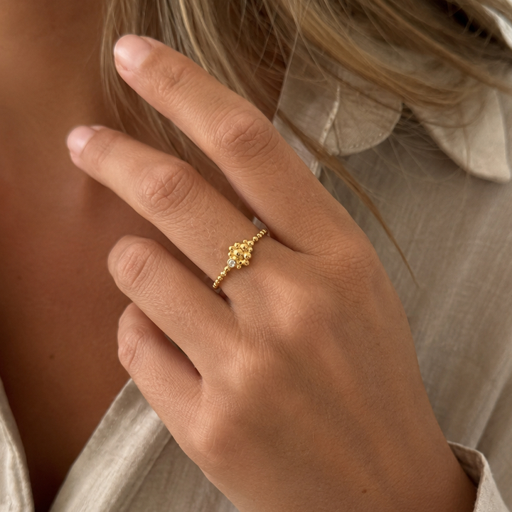 Scrouples - 8 kt. guld ring med kugler og lille zirkonia - 716413
