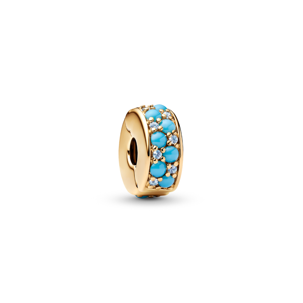 Pandora - Akvamarinblåt klemmeled charm i forgyldt - 763902c01