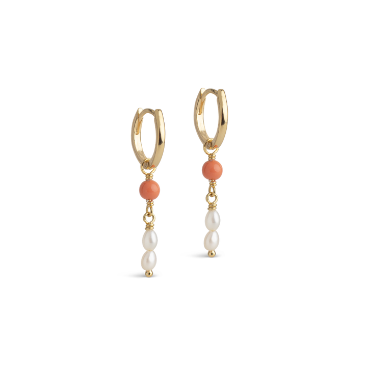 Enamel - Liva Hoops i forgyldt sølv med ferskvandsperle og koral emalje - E438G-LightCoral