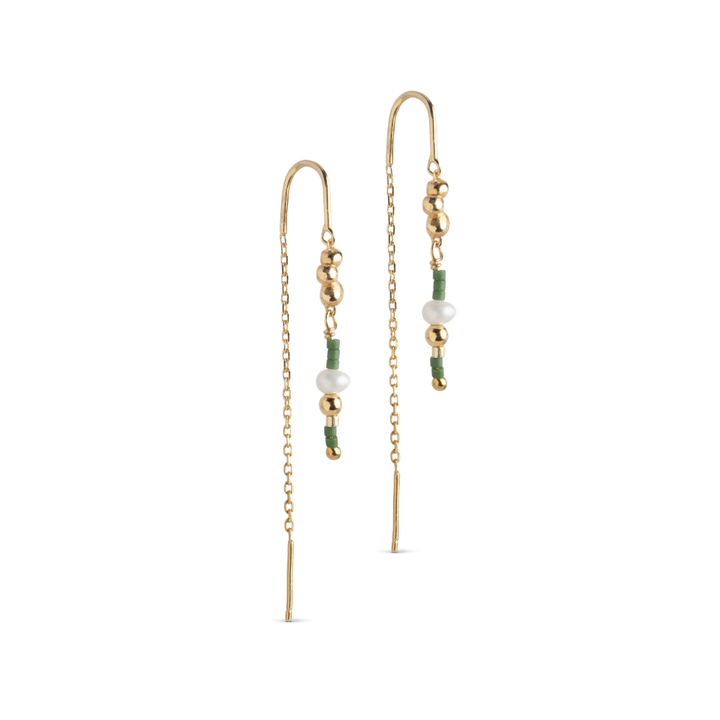 Enamel - Nara Miyuki ørehængere i forgyldt med perle og grøn emalje - E477G-Khaki