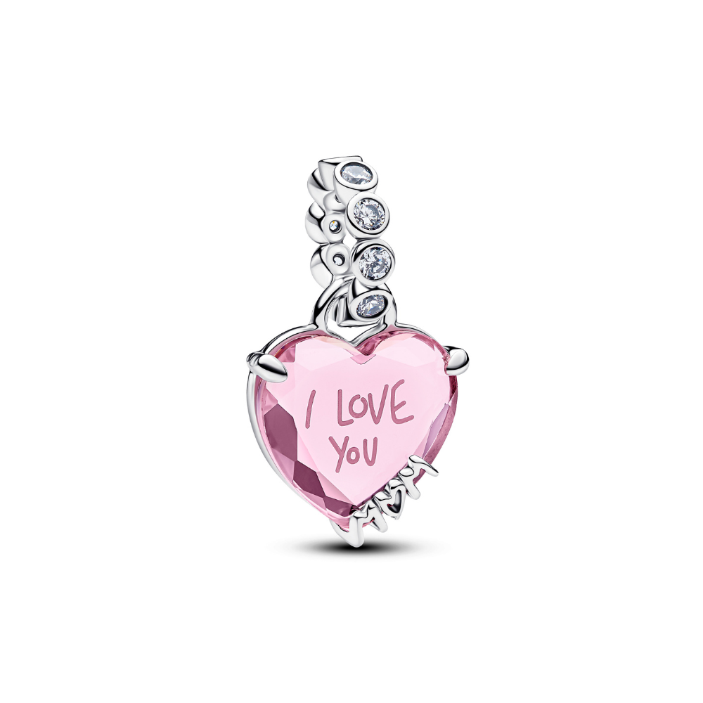 Pandora - "I Love You Mom" sølv charm med lyserød hjerte sten - 794464c01