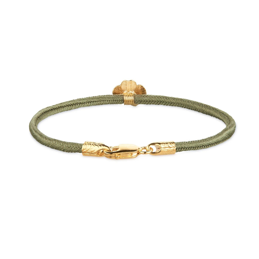 Flora Danica - Firkløver oliven grøn silkearmbånd i forgyldt sølv - flc-silk-olive-18-g
