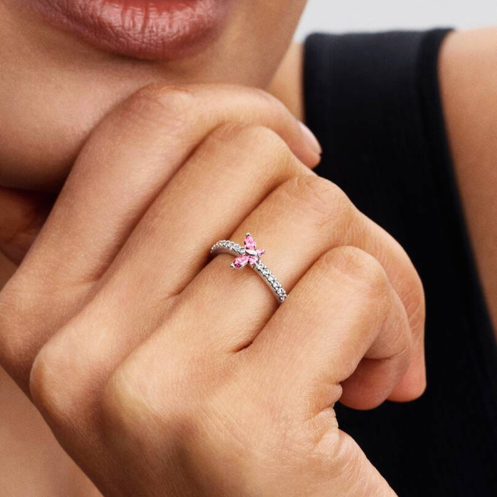 Pandora - Lyserød sommerfugl ring i sterling sølv - 194269c02