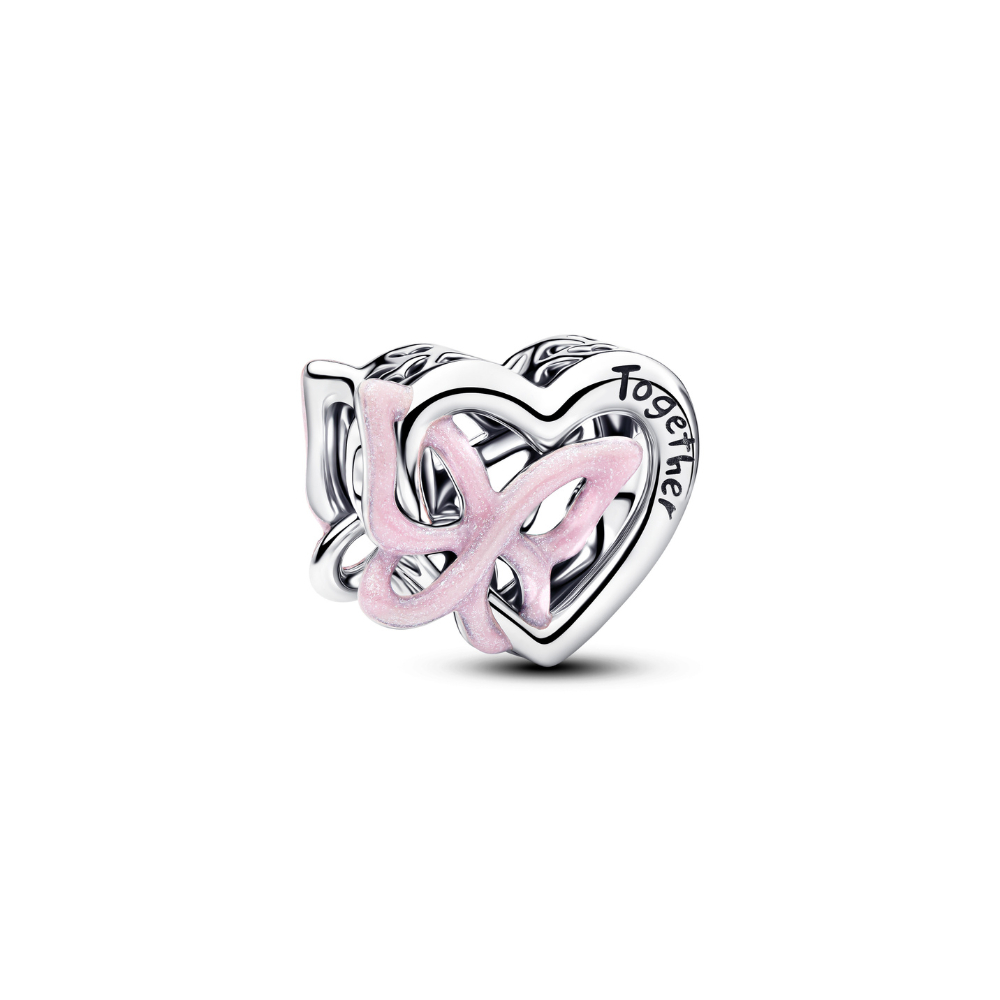 Pandora - Hjerte charm med lyserød emalje sommerfugl i sølv - 794475c01