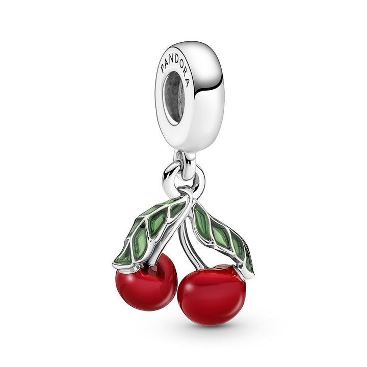 Pandora - Røde Kirsebær charm med grønne blade - 791583c01