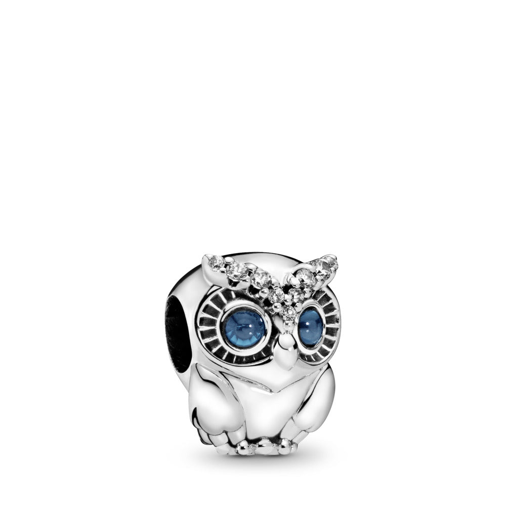 sølv led charm vedhæng owl ugle blå øjne sten hvide sten pandora